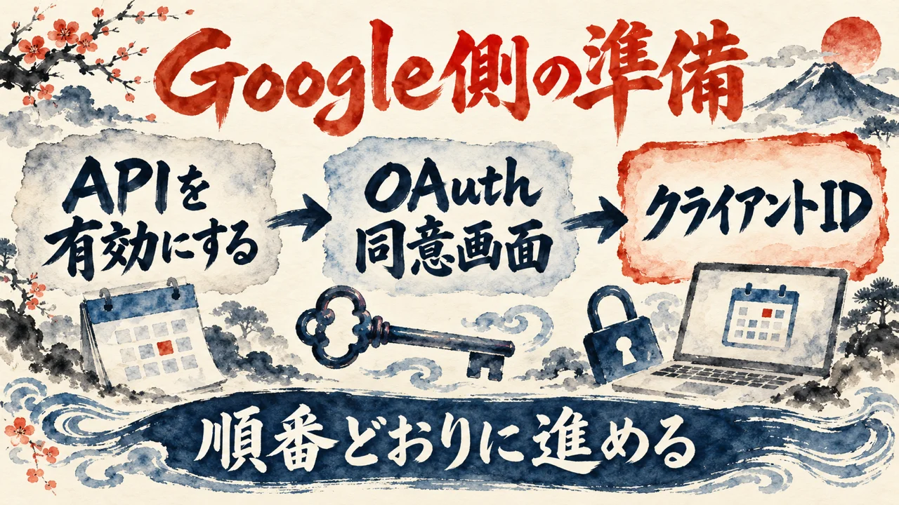 「Google側の準備」の図解。「APIを有効にする」「OAuth同意画面」「クライアントID」の三つの札と、鍵の水彩画。下の帯に「順番どおりに進める」