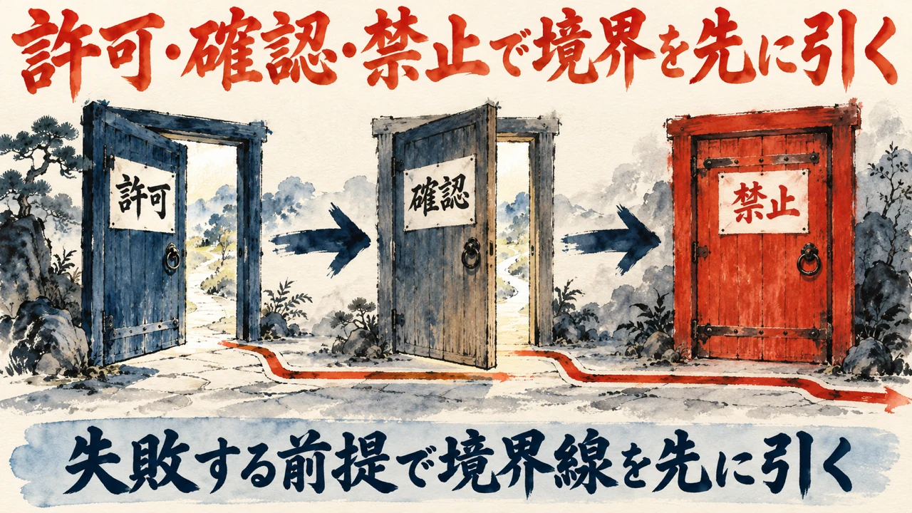図解。許可、確認、禁止の三つの札が矢印で並び、境界線を引く水彩画が添えられている