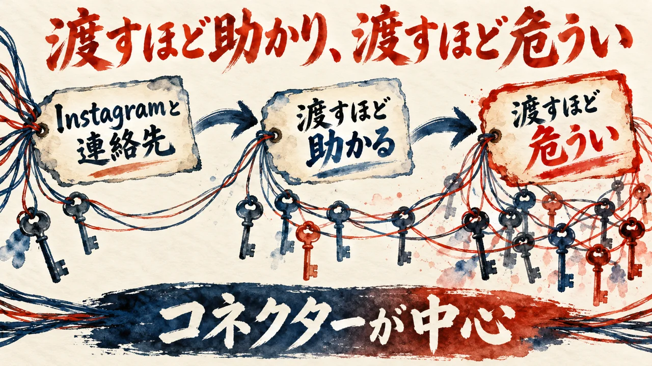 図解。Instagramと連絡先、渡すほど助かる、渡すほど危うい、の三つの札に、つながった糸と複数の鍵の水彩画が描かれ、下の帯にコネクターが中心の文字。見出しは渡すほど助かり、渡すほど危うい