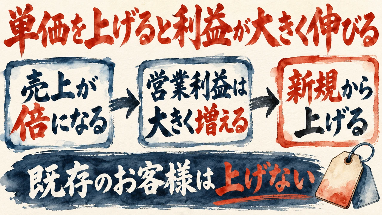 図解。売上が倍になる、営業利益は大きく増える、新規から上げる、の三つの札が矢印で並び、下の帯に既存のお客様は上げないの文字。見出しは単価を上げると利益が大きく伸びる