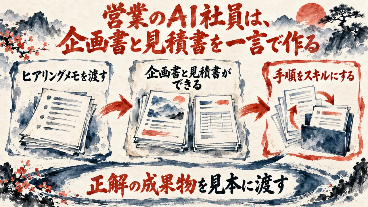 図解。ヒアリングメモを渡す、企画書と見積書ができる、手順をスキルにする、の三つの札に、書類の束と一本の道の水彩画が描かれている。見出しは営業のAI社員は、企画書と見積書を一言で作る