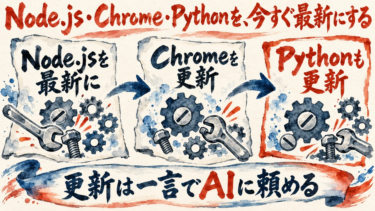 図解。Node.jsを最新に、Chromeを更新、Pythonも更新、の三つの札に、ネジを締める工具と歯車の水彩画が描かれている。見出しはNode.js・Chrome・Pythonを、今すぐ最新にする