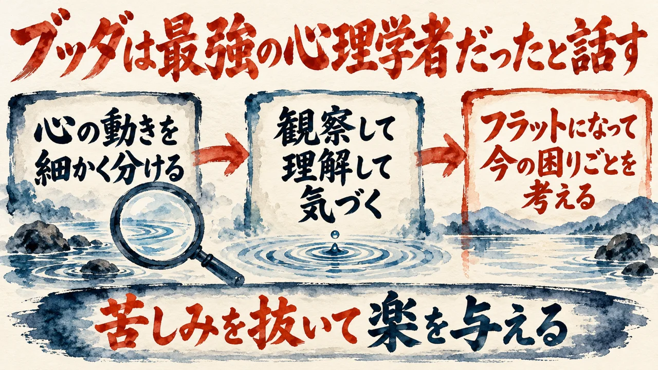 図解。心の動きを細かく分ける、観察して理解して気づく、フラットになって今の困りごとを考える、の三つの札に、虫眼鏡と水面の水彩画が描かれている。見出しは、ブッダは最強の心理学者だったと話す
