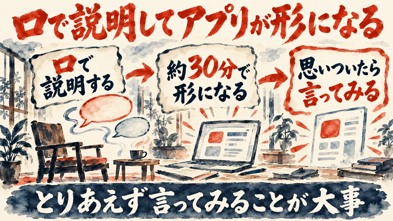 図解。口で説明する、約30分で形になる、思いついたら言ってみる、の三つの札が矢印で並び、吹き出しの水彩画が添えられている