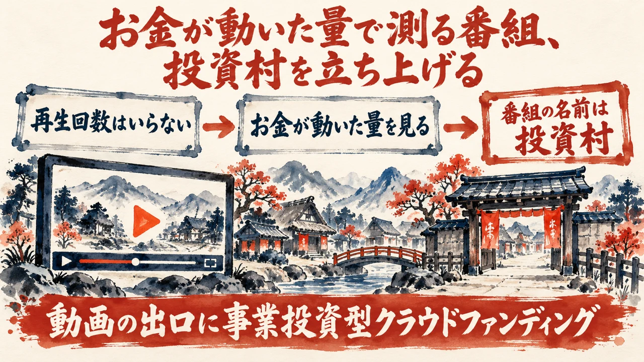 図解。再生回数はいらない、お金が動いた量を見る、番組の名前は投資村、の三つの札に、村の入口の門と動画の枠の水彩画が描かれている。見出しは、お金が動いた量で測る番組、投資村を立ち上げる