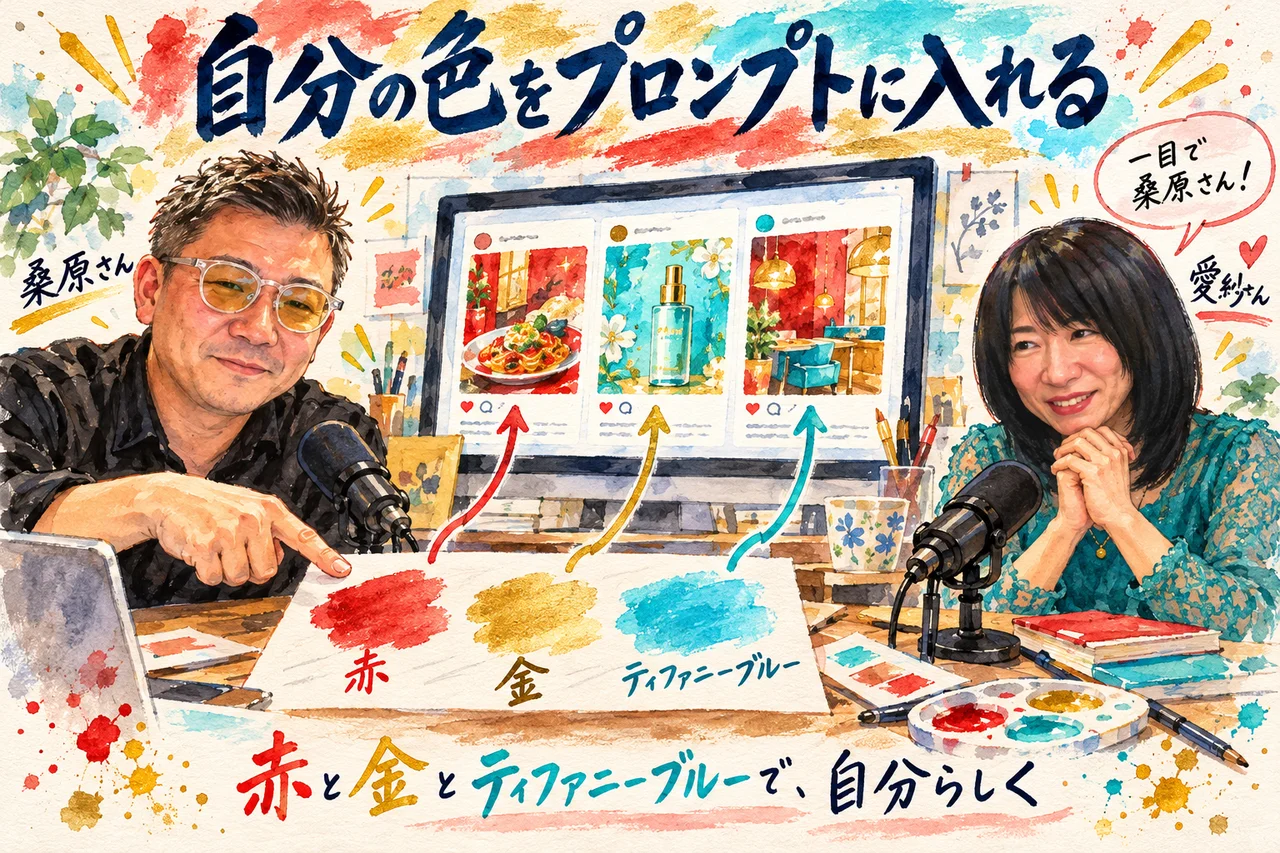 自分の色をプロンプトに入れる｜赤と金とティファニーブルーで、一目で桑原さんと分かる投稿にする図
