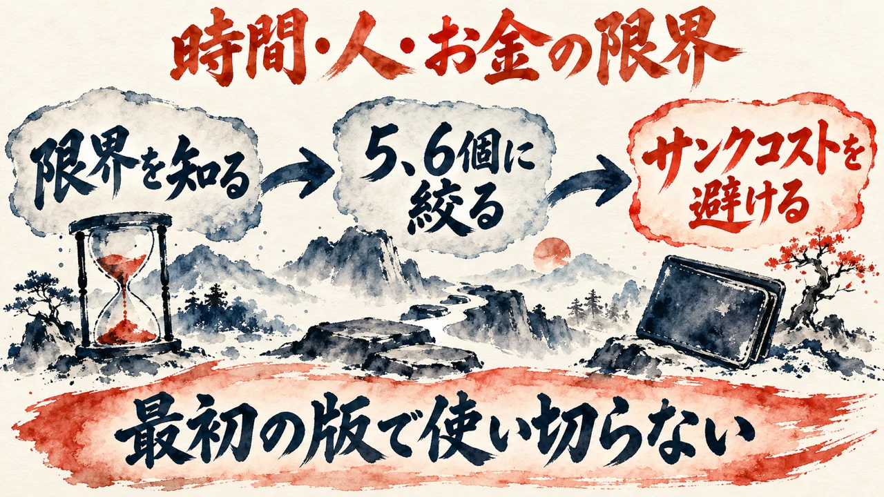 「時間・人・お金の限界」の図解。「限界を知る」「5、6個に絞る」「サンクコストを避ける」の三つの札と水彩画。下の帯に「最初の版で使い切らない」
