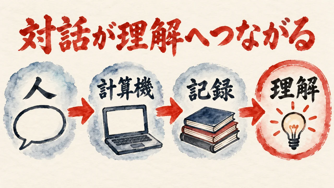 人から計算機、計算機から記録、記録から理解へと流れる図