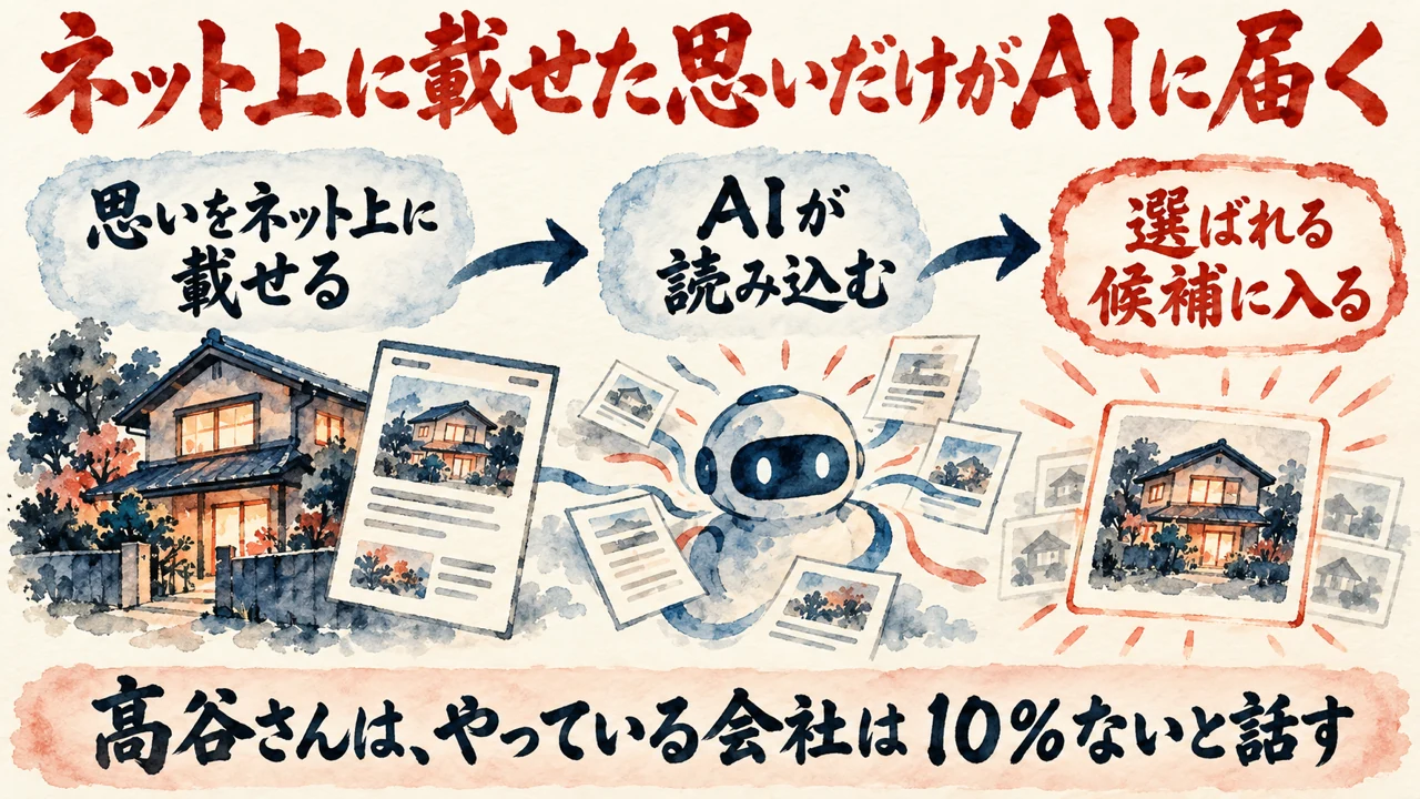 図解。会社の思いをネット上に載せる、AIが読み込む、選ばれる候補に入る、の三つの札が矢印で並び、灯りのともる家の水彩画が添えられている