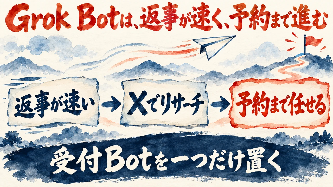 図解。返事が速い、Xでリサーチ、予約まで任せる、の三つの札が矢印で並び、背景に飛ぶ紙飛行機と山の頂の小さな旗の水彩画。下の帯に受付Botを一つだけ置くの文字。見出しは、Grok Botは返事が速く、予約まで進む