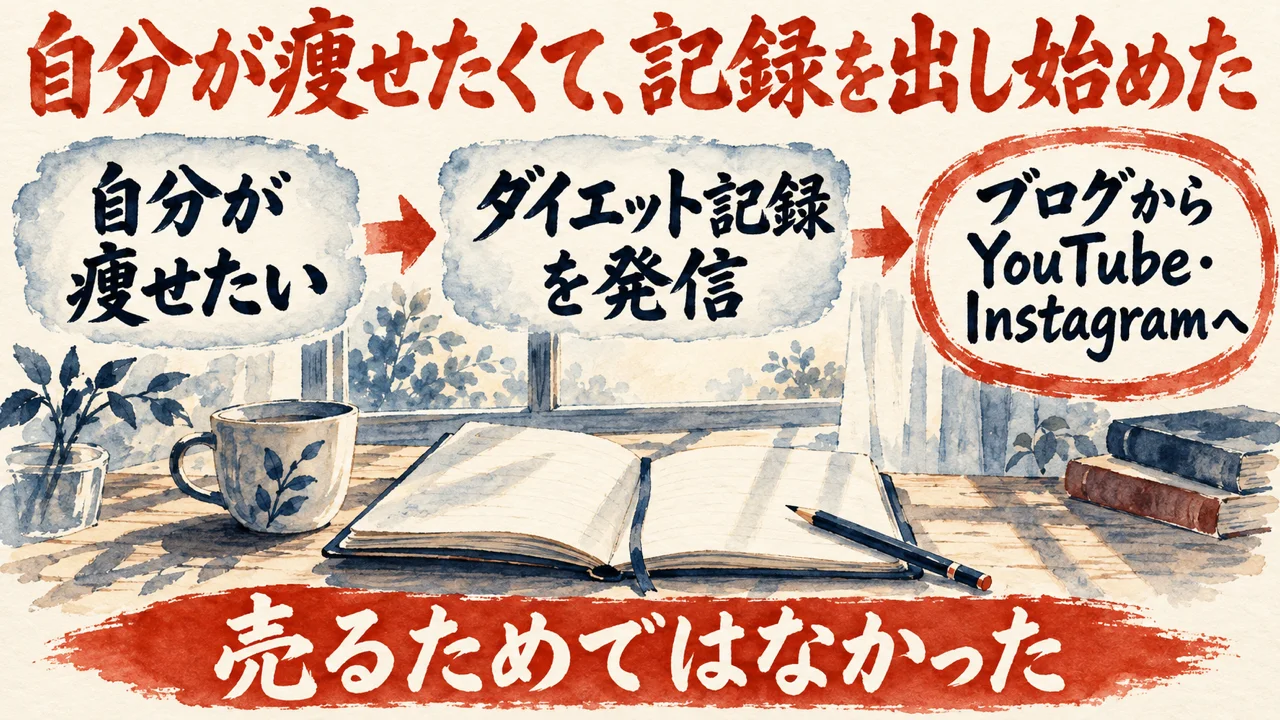 図解。自分が痩せたい、ダイエット記録を発信、ブログからYouTube・Instagramへ、の三つの札が矢印で並び、開いたノートと鉛筆と朝の窓の水彩画が添えられている。下の帯に売るためではなかったの文字。見出しは自分が痩せたくて、記録を出し始めた