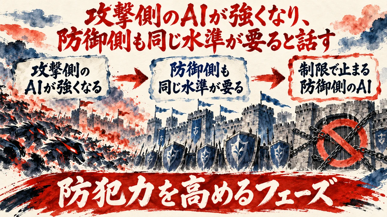 図解。攻撃側のAIが強くなる、防御側も同じ水準が要る、制限で止まる防御側のAI、の三つの札に、城壁と盾の水彩画が描かれている。見出しは、攻撃側のAIが強くなり、防御側も同じ水準が要ると話す