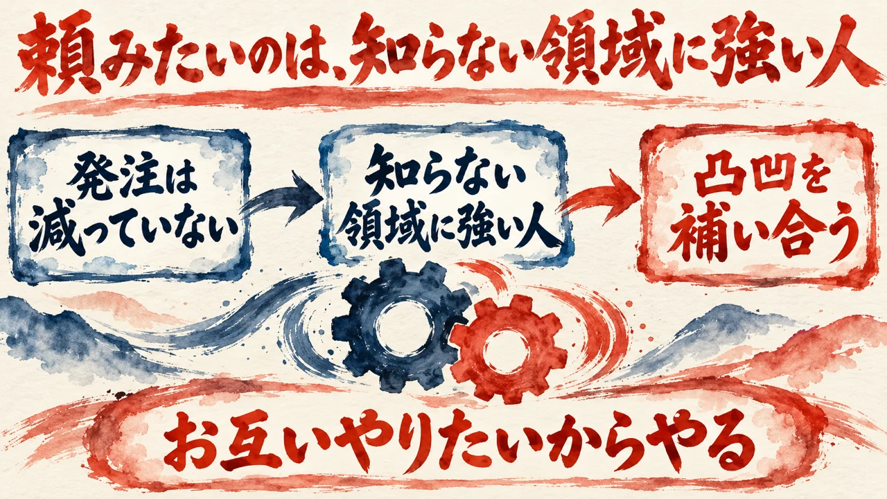 図解。発注は減っていない、知らない領域に強い人、凸凹を補い合う、の三つの札が矢印で並び、噛み合う二つの歯車の水彩画が添えられている。見出しは発注は減らない。頼みたいのは、知らない領域に強い人