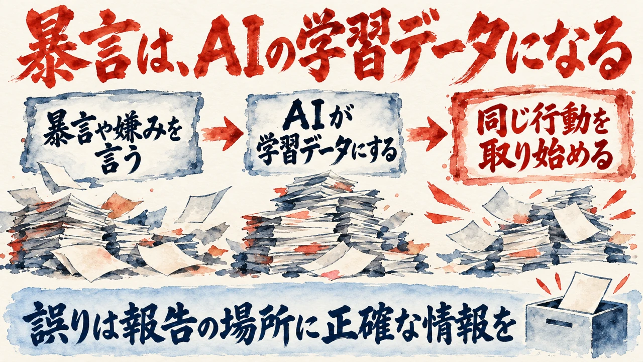 図解。暴言や嫌みを言う、AIが学習データにする、同じ行動を取り始める、の三つの札に、積み上がる書類と小さな箱の水彩画が描かれている。見出しは暴言は、AIの学習データになる