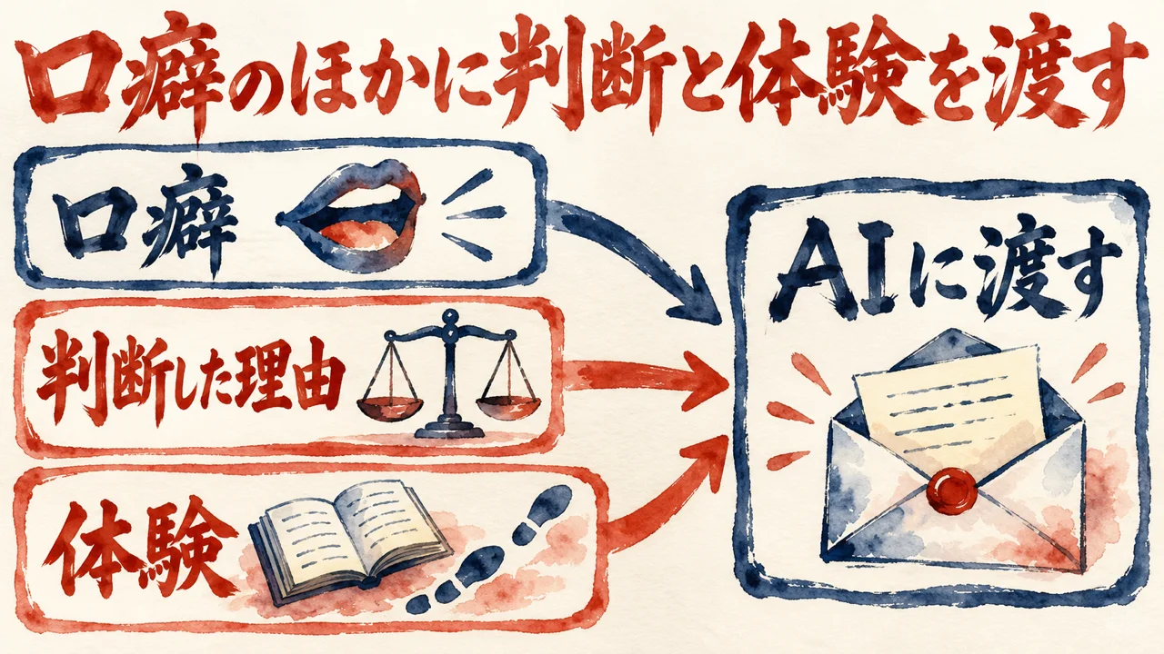 口癖、判断した理由、体験の三つの札が、AIに渡す箱に集まる図解