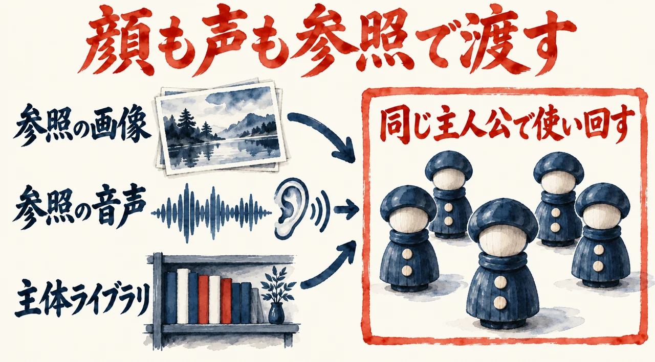 参照の画像、参照の音声、主体ライブラリの三つの札が、同じ主人公で使い回す箱に集まる図解