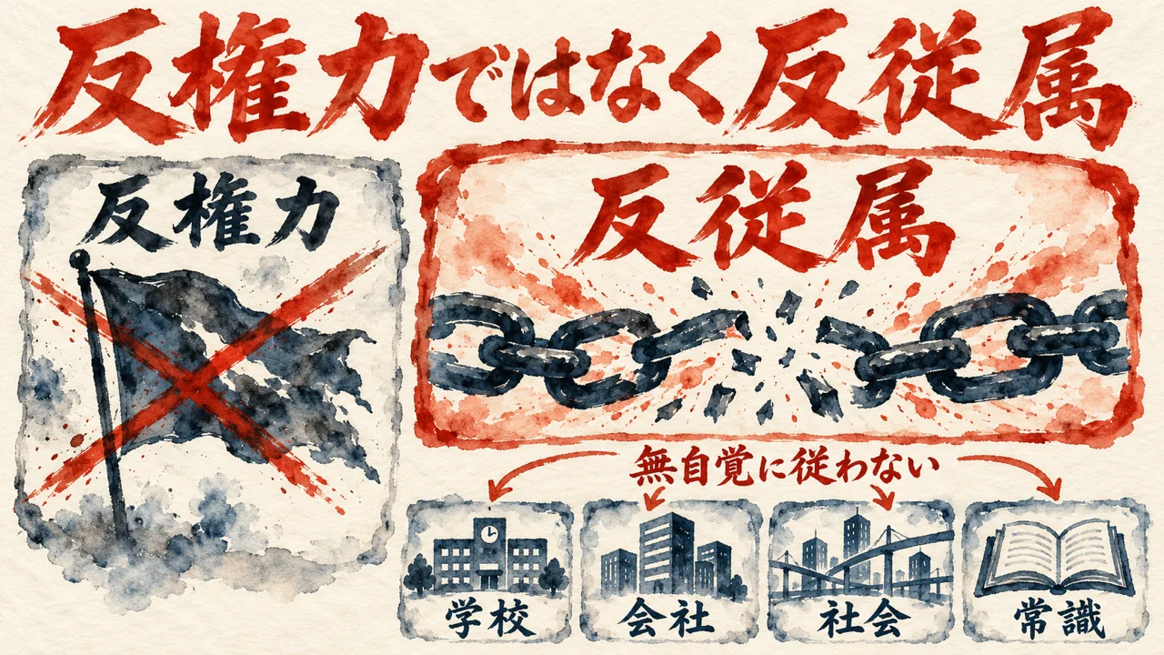 反権力ではなく反従属、学校や会社や社会や常識に無自覚に従わないことを描いた図解