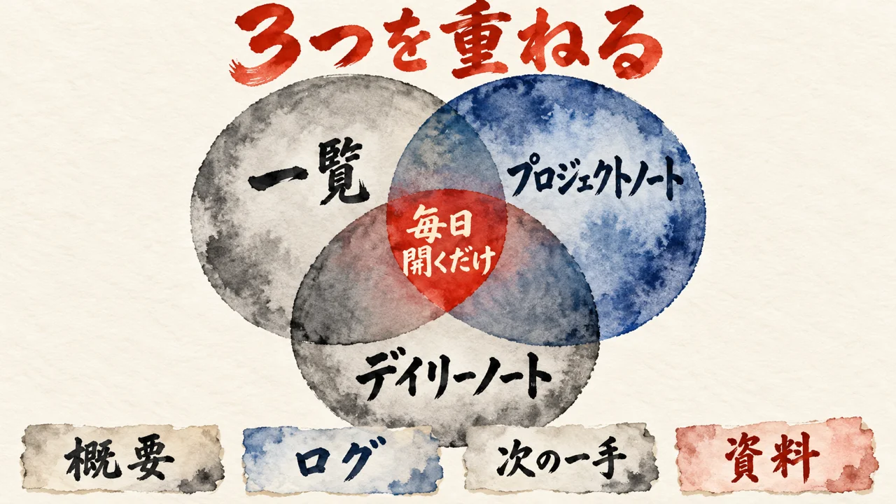 一覧、プロジェクトノート、デイリーノートの3つの丸が重なり、重なりに毎日開くだけと書かれ、ノートの4項目の札が添えられた図