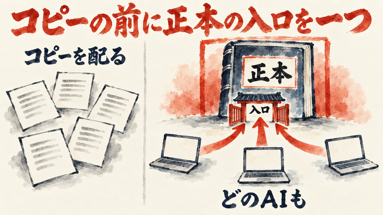 左にコピーを配る書類の束、右に正本の本と入口の門があり、どのAIも三台のノートPCから同じ入口へ矢印で向かう図解