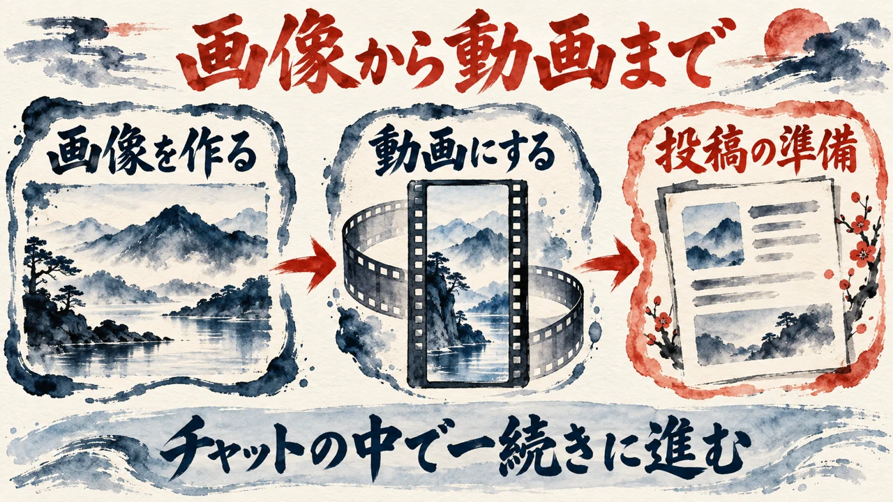 「実演」の図解。「画像を作る」「動画にする」「投稿の準備」の3枚の札と水彩画。下の帯に「チャットの中で一続きに進む」