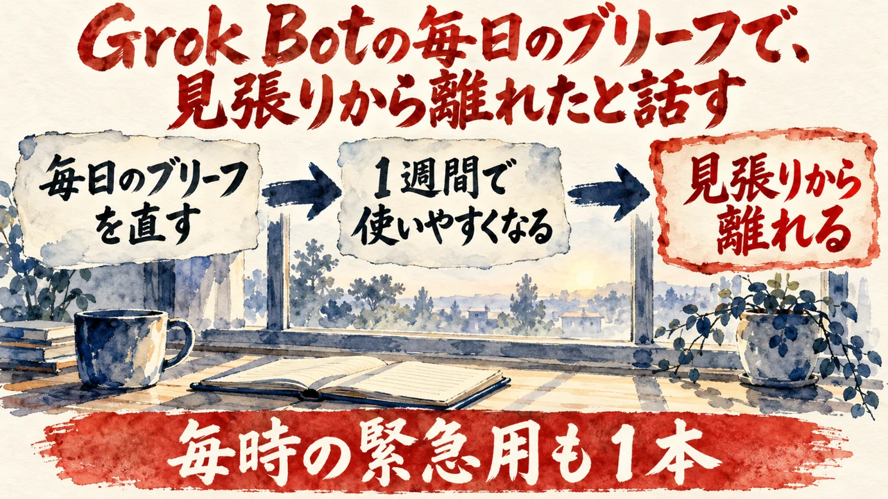 図解。毎日のブリーフを直す、1週間で使いやすくなる、見張りから離れる、の三つの札に、朝の窓辺の水彩画が描かれている。見出しは、Grok Botの毎日のブリーフで、見張りから離れたと話す