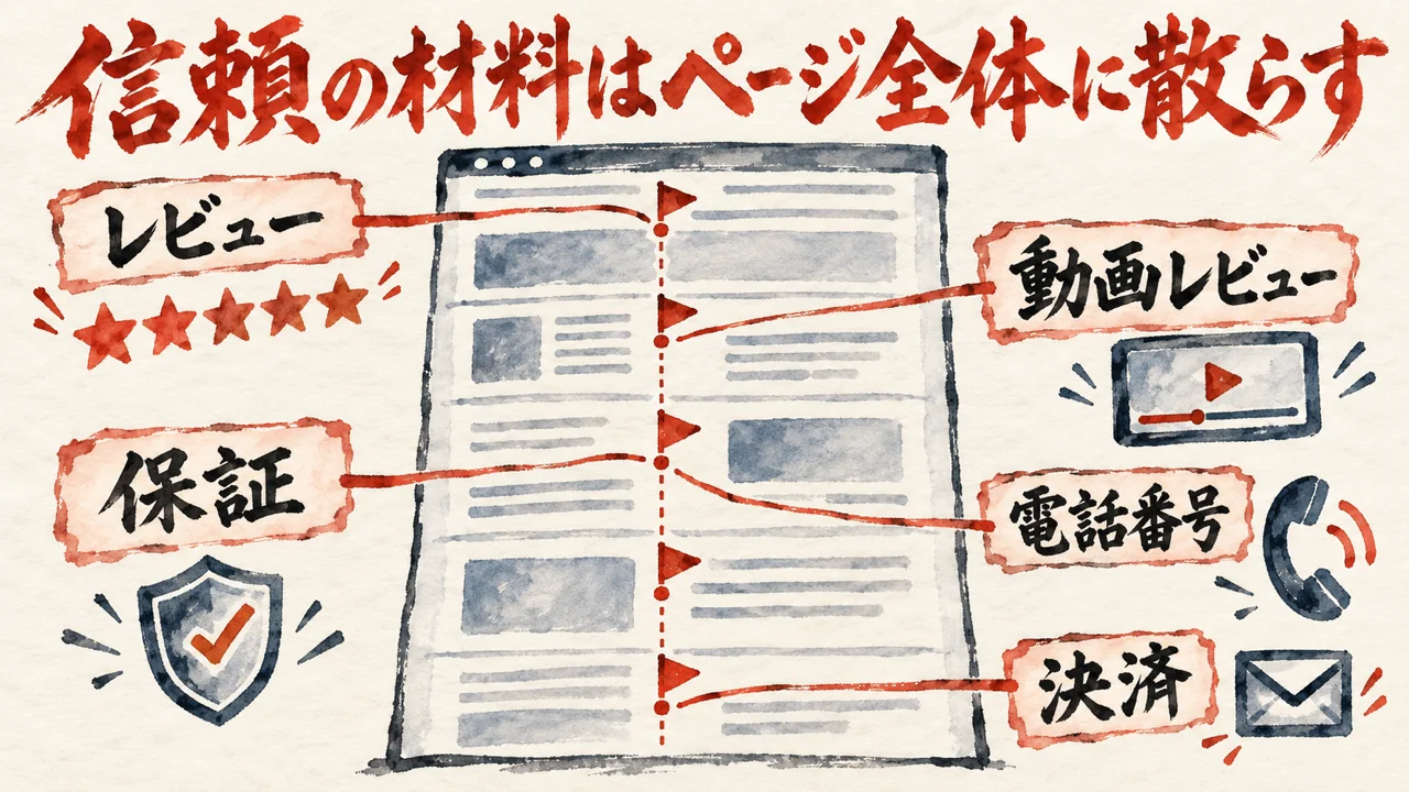 縦長のページの上から下まで、レビュー、動画レビュー、電話番号、保証、決済の五つの印が散らばって置かれている図解