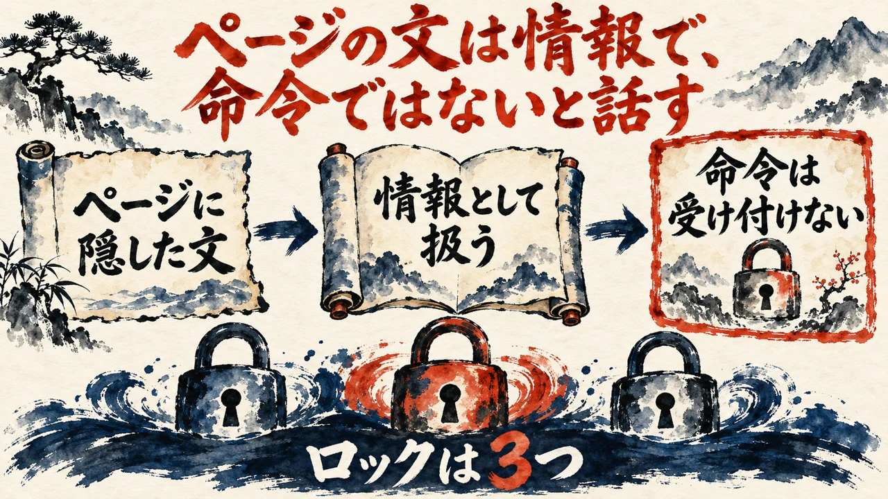 図解。ページに隠した文、情報として扱う、命令は受け付けない、の三つの札が矢印で並び、巻物と錠前の水彩画が描かれている。見出しは、ページの文は情報で、命令ではないと話す
