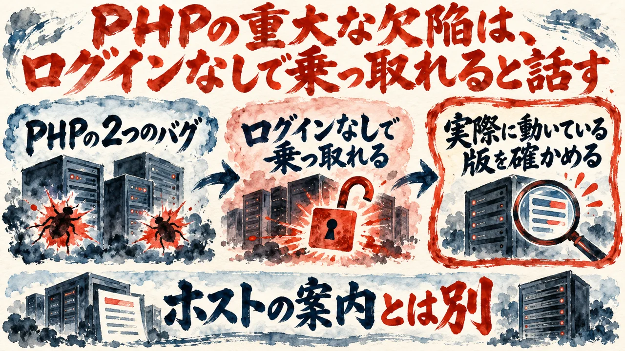 図解。PHPの2つのバグ、ログインなしで乗っ取れる、実際に動いている版を確かめる、の三つの札が矢印で並び、サーバーの水彩画が描かれている。見出しは、PHPの重大な欠陥は、ログインなしで乗っ取れると話す
