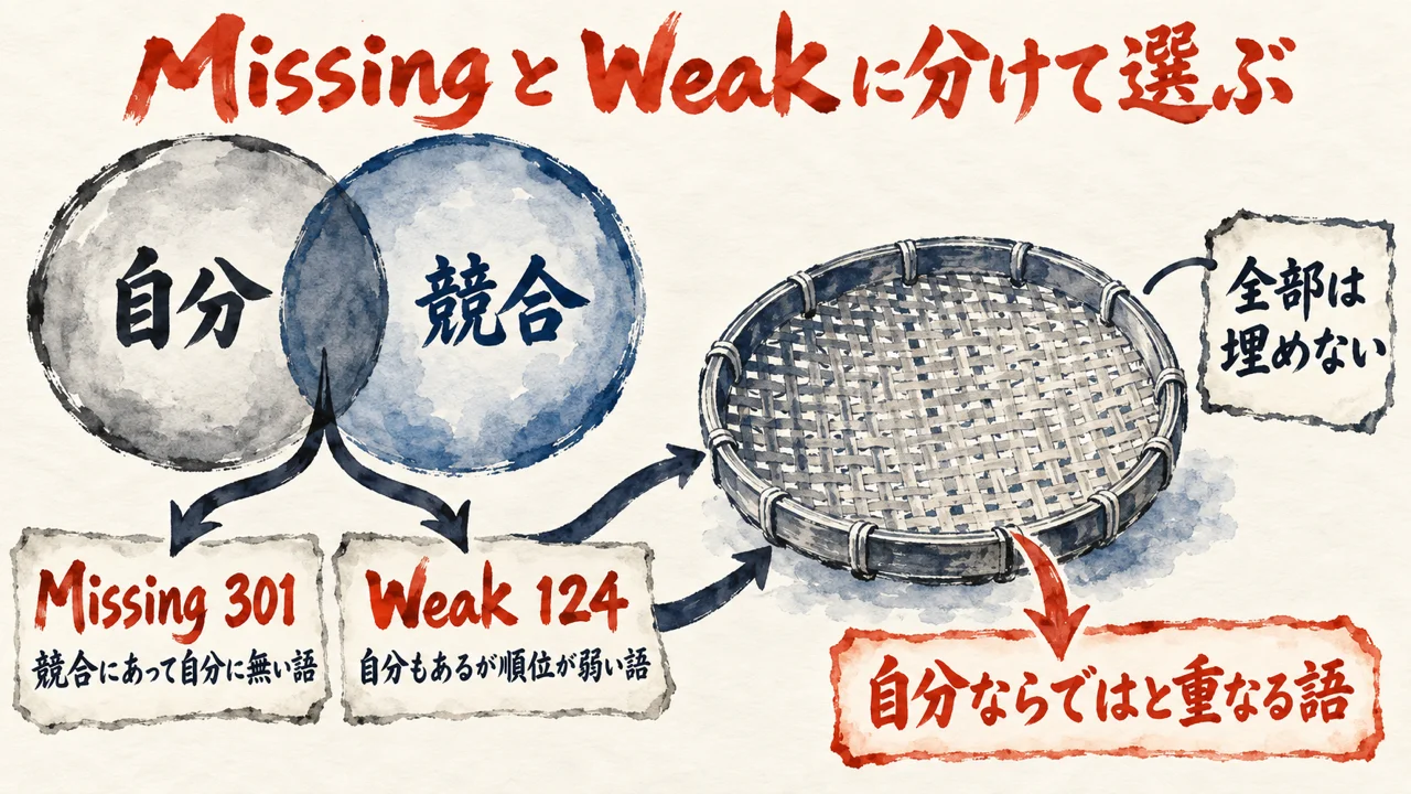 自分と競合の円の重なりから、競合にあって自分に無い語の Missing 301 と、自分もあるが順位が弱い語の Weak 124 に分け、ふるいにかけて自分ならではと重なる語だけを選ぶ。全部は埋めない、と添えた図解