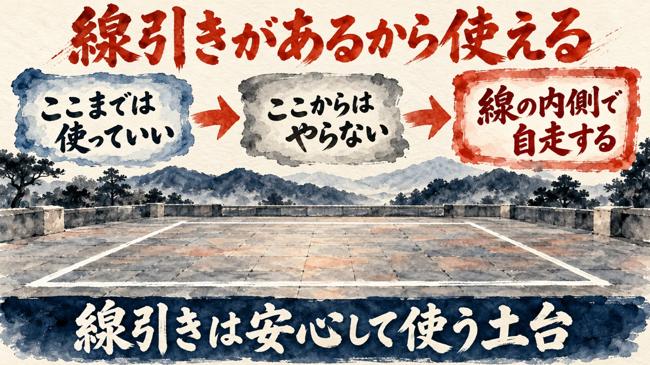 「ルールの策定」の図解。「ここまでは使っていい」「ここからはやらない」「線の内側で自走する」の三つの札と水彩画。下の帯に「線引きは安心して使う土台」