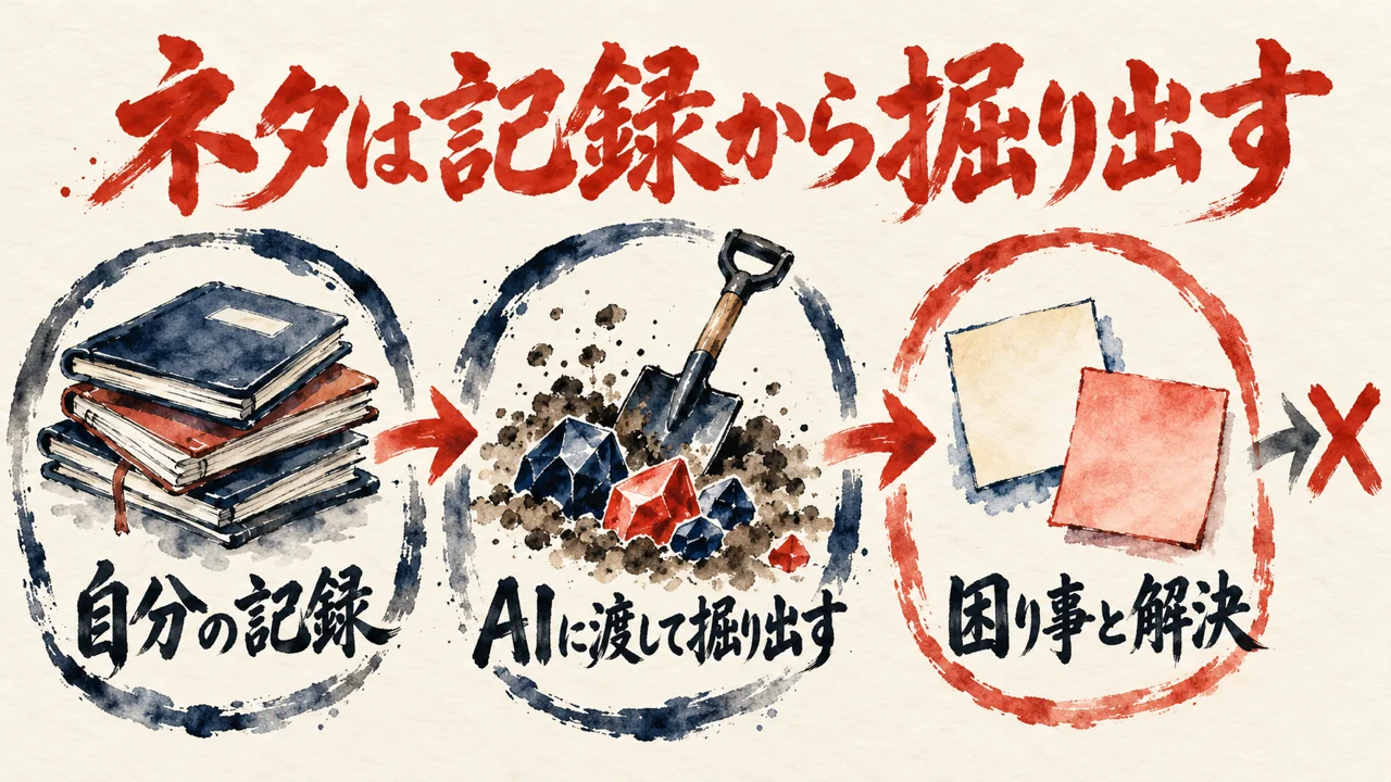 自分の記録をAIに渡して掘り出し、困り事と解決のメモにまとめる流れを描いた図解
