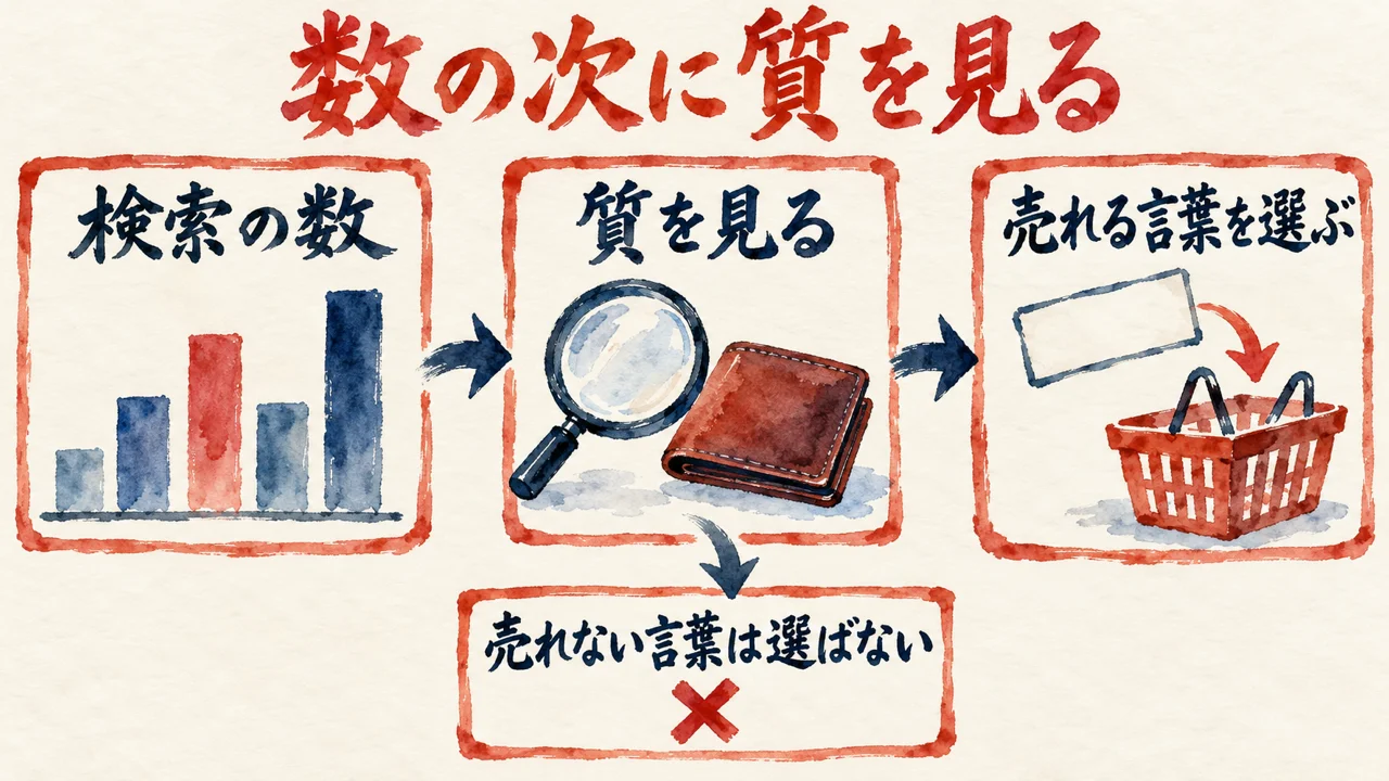 検索の数、質を見る、売れる言葉を選ぶ、の三つの札が並び、売れない言葉は選ばない、と示す図解