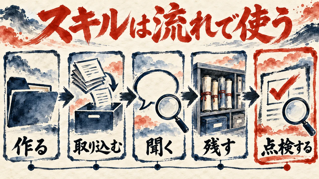 作る、取り込む、聞く、残す、点検するの五枚の札が矢印でつながり、点検するの札だけが朱色の枠になっている図解