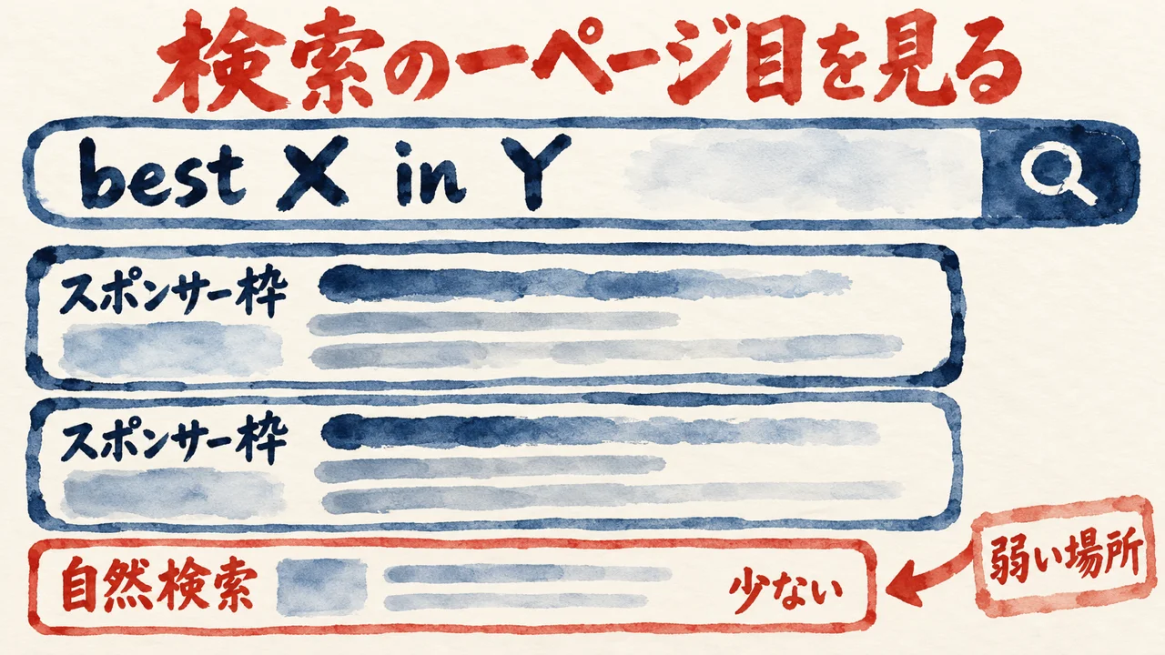 best X in Yの検索窓の下に、スポンサー枠の二枚と、少ない自然検索の一枚が並ぶ検索結果の図解