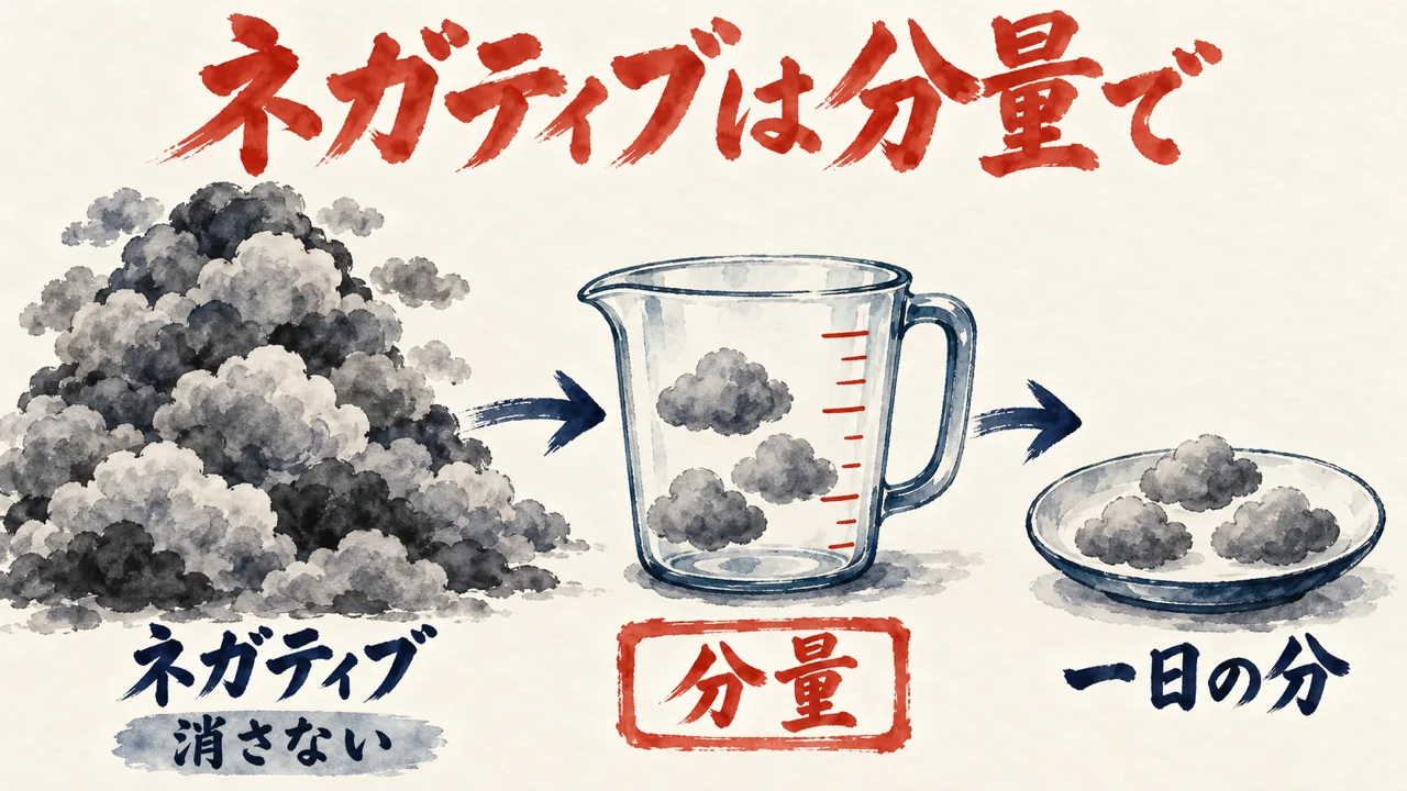 ネガティブの雲の山から計量カップの分量を経て、一日の分のお皿へ小さな雲だけを取り分ける流れを描いた図解
