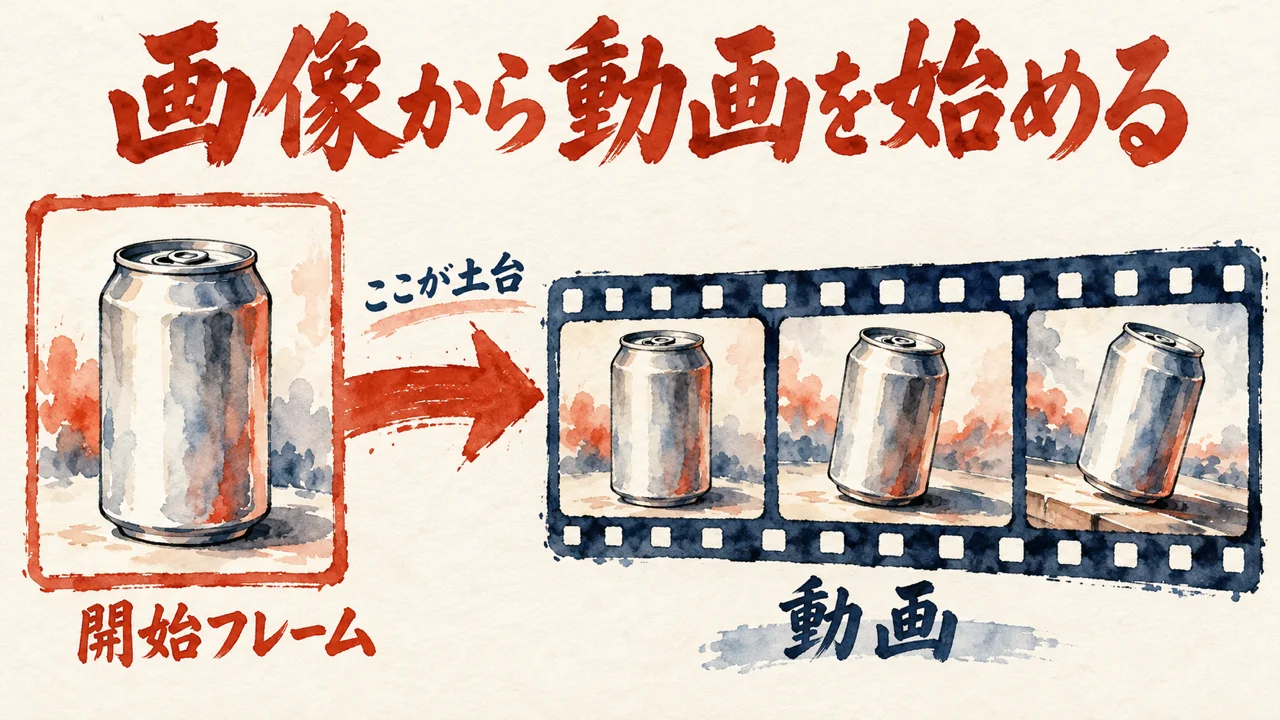 開始フレームの大きな札から矢印が伸び、三コマのフィルムの動画へつながる図解