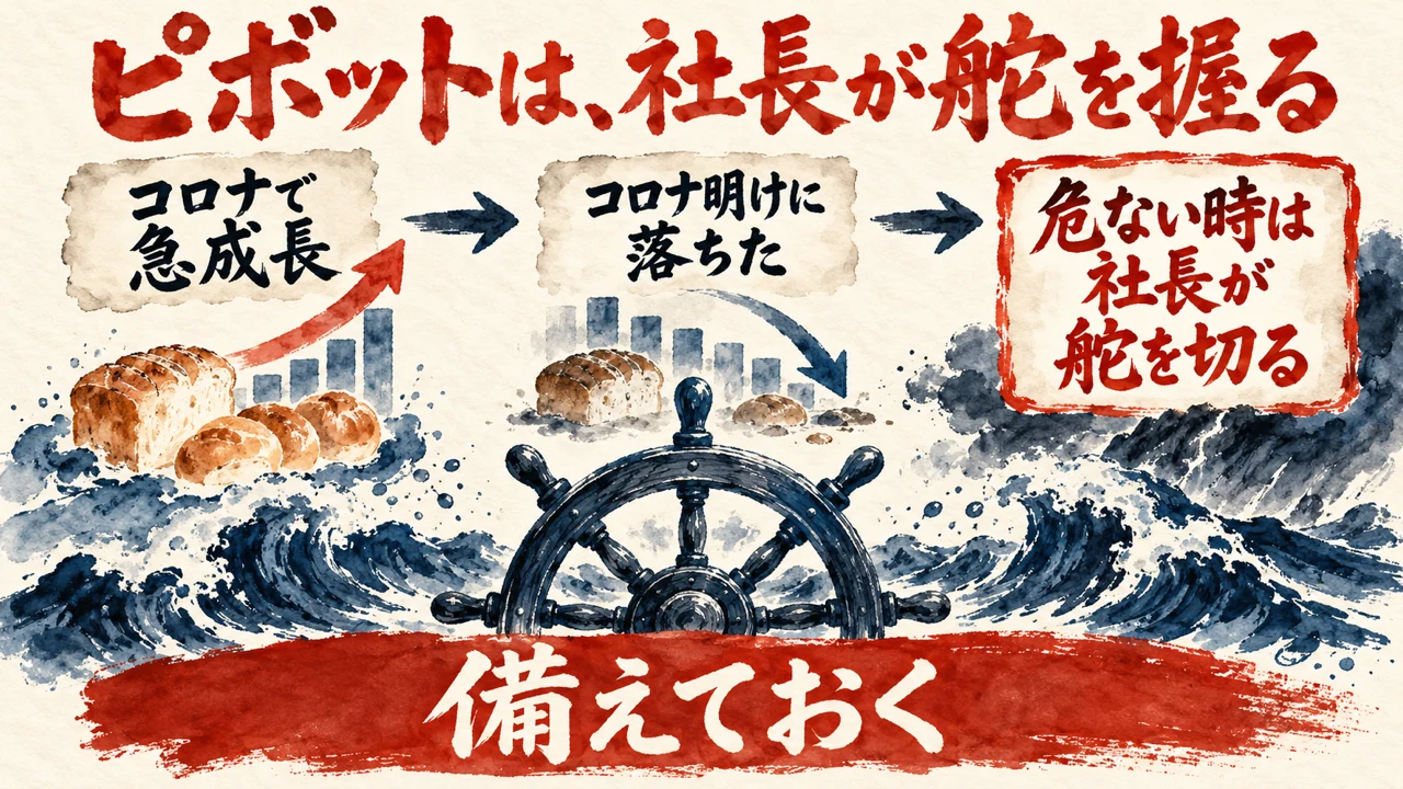 図解。コロナで急成長、コロナ明けに落ちた、危ない時は社長が舵を切る、の三つの札に、舵輪の水彩画が描かれ、下の帯に備えておくの文字。見出しはピボットは社長が舵を握る