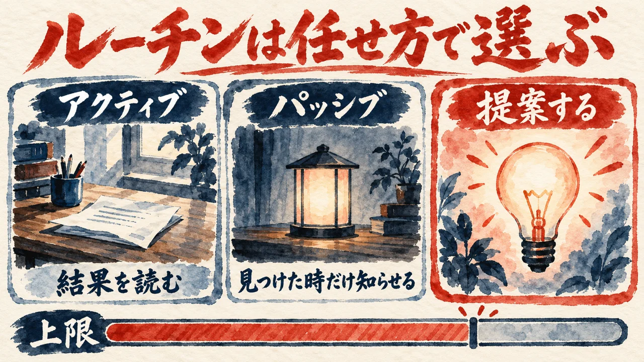 アクティブ、パッシブ、提案するの三つの枠が並び、下にルーチンの上限を示す帯がある図解
