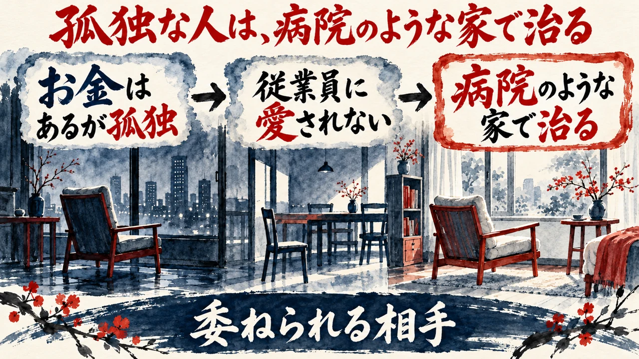 図解。お金はあるが孤独、従業員に愛されない、病院のような家で治る、の三つの札に、窓辺の椅子の水彩画が描かれ、下の帯に委ねられる相手の文字。見出しはお金があっても孤独な人は病院のような家で治る