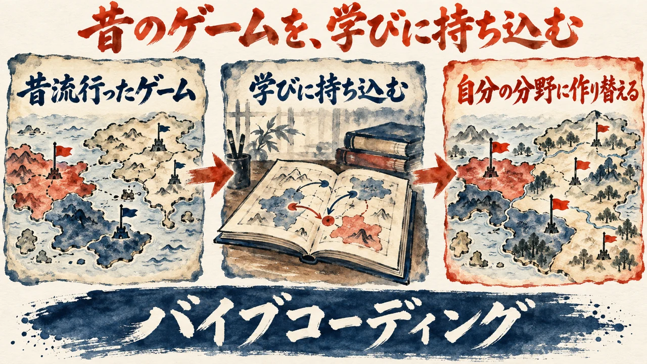 昔流行ったゲームの地図を、学びの本に持ち込み、自分の分野に作り替える流れの和風水彩の図解