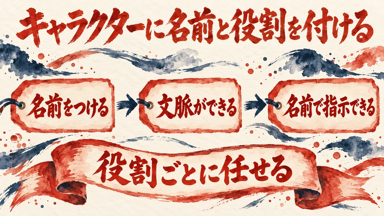 図解。キャラクターに名前をつける、文脈ができる、名前で指示できる、の三つの札に、名札の水彩画が描かれている。見出しはAIのキャラクターに名前と役割を付ける