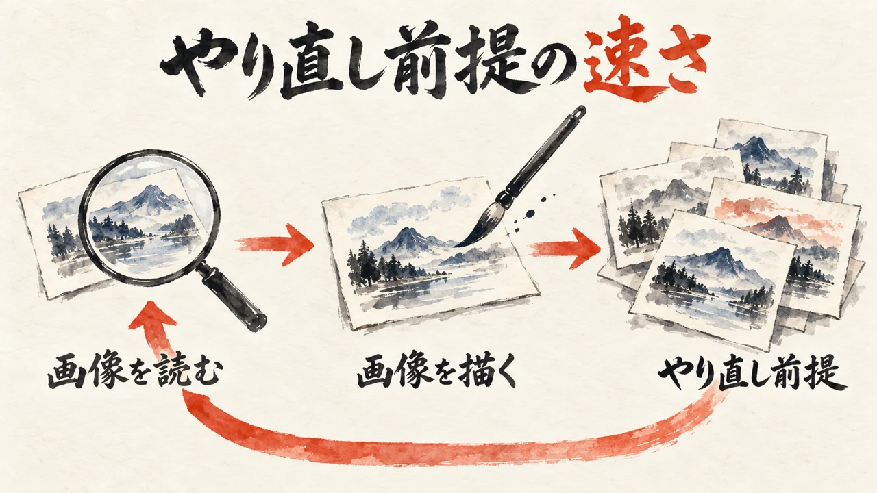 図解。画像を読む、画像を描く、やり直し前提、の三つの札に、筆と紙の水彩画が描かれている。見出しは画像を読んで描く。やり直し前提の現場で速さを見る