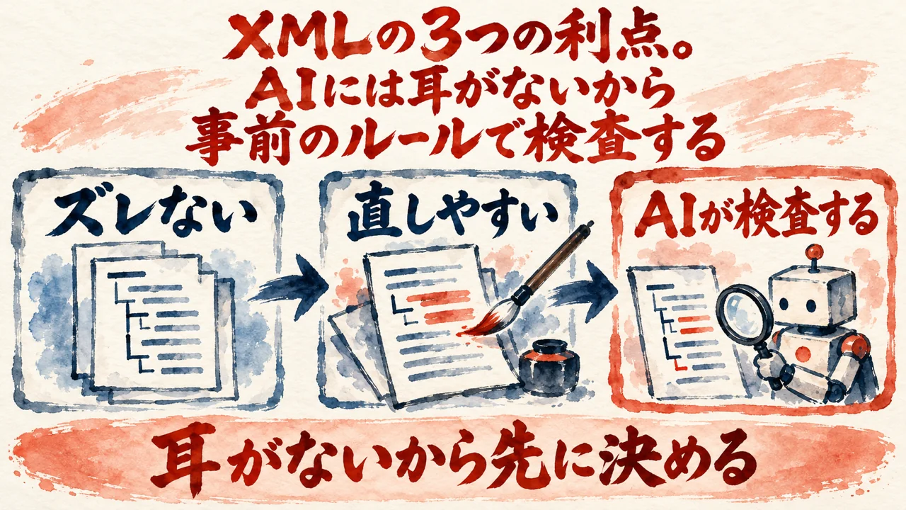 図解。ズレない、直しやすい、AIが検査する、の三つの札に、耳のない人形の水彩画が描かれている。見出しはXMLの3つの利点。AIには耳がないから事前のルールで検査する