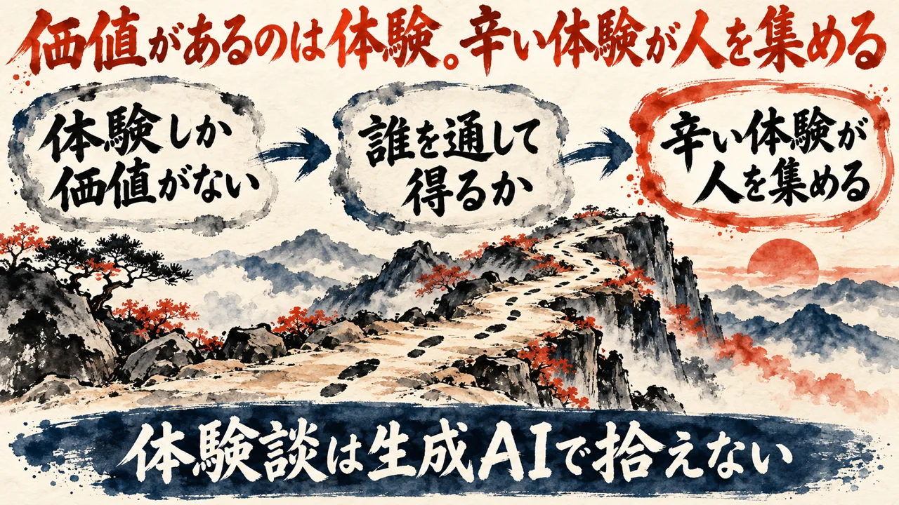 図解。体験しか価値がない、誰を通して得るか、辛い体験が人を集める、の三つの札に、一本の道と足跡の水彩画が描かれている。見出しはこれから価値があるのは体験。辛い体験が人を集める