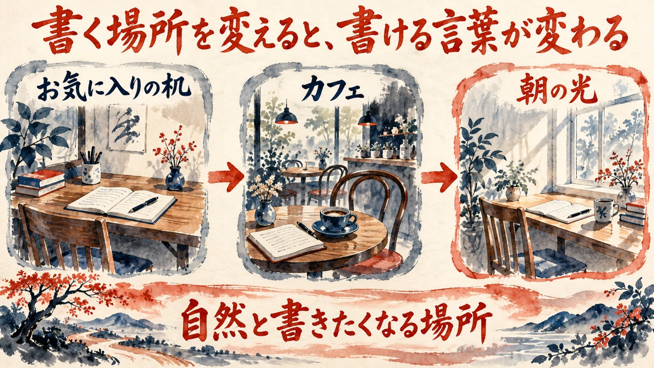 図解。お気に入りの机、カフェ、朝の光、の札が矢印で並び、窓辺の机とコーヒーの水彩画が添えられている。見出しは書く場所を変えると書ける言葉が変わる