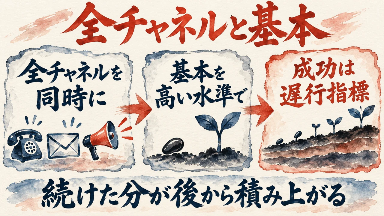 図解。全チャネルを同時に、基本を高い水準で、成功は遅行指標、の三つの札で、続けた分が後から積み上がると示す