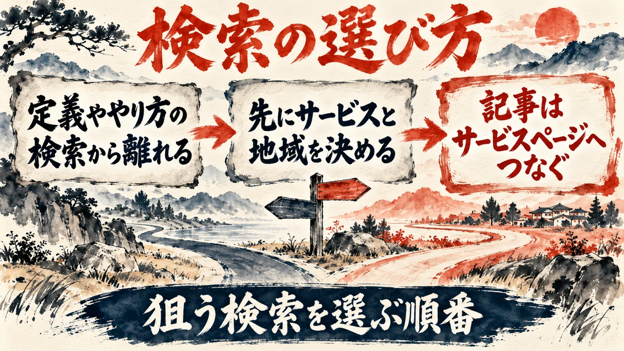 図解。定義ややり方の検索から離れる、先にサービスと地域を決める、記事はサービスページへつなぐ、の三つの札で、狙う検索を選ぶ順番を示す