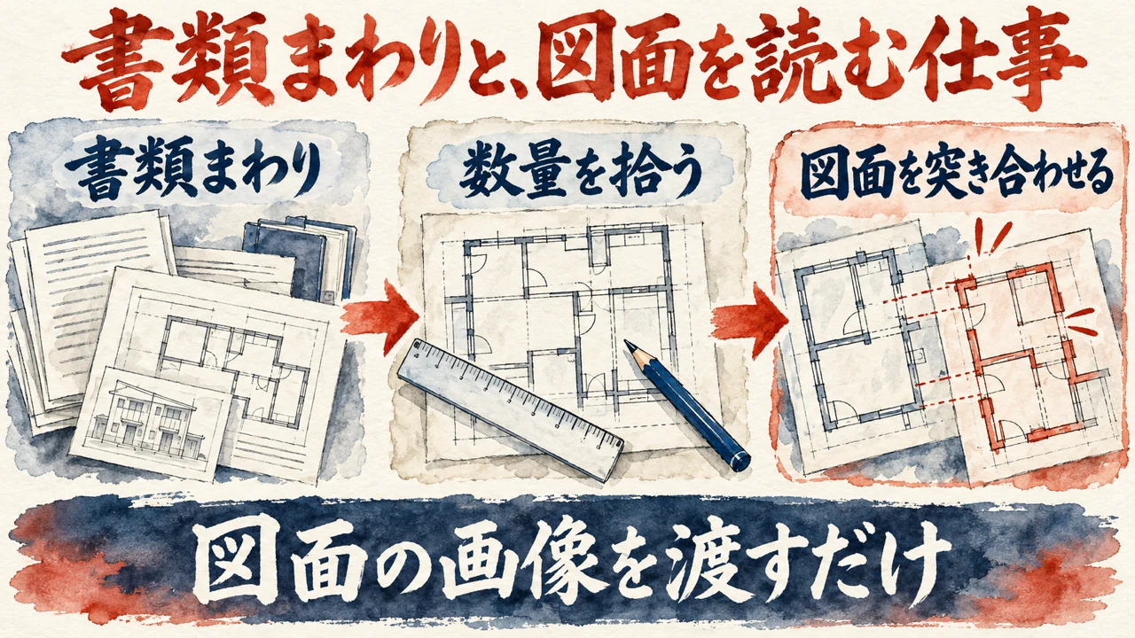 図解。書類まわり、数量を拾う、図面を突き合わせる、の三つの札が矢印で並ぶ水彩画。見出しは書類まわりと、図面を読む仕事