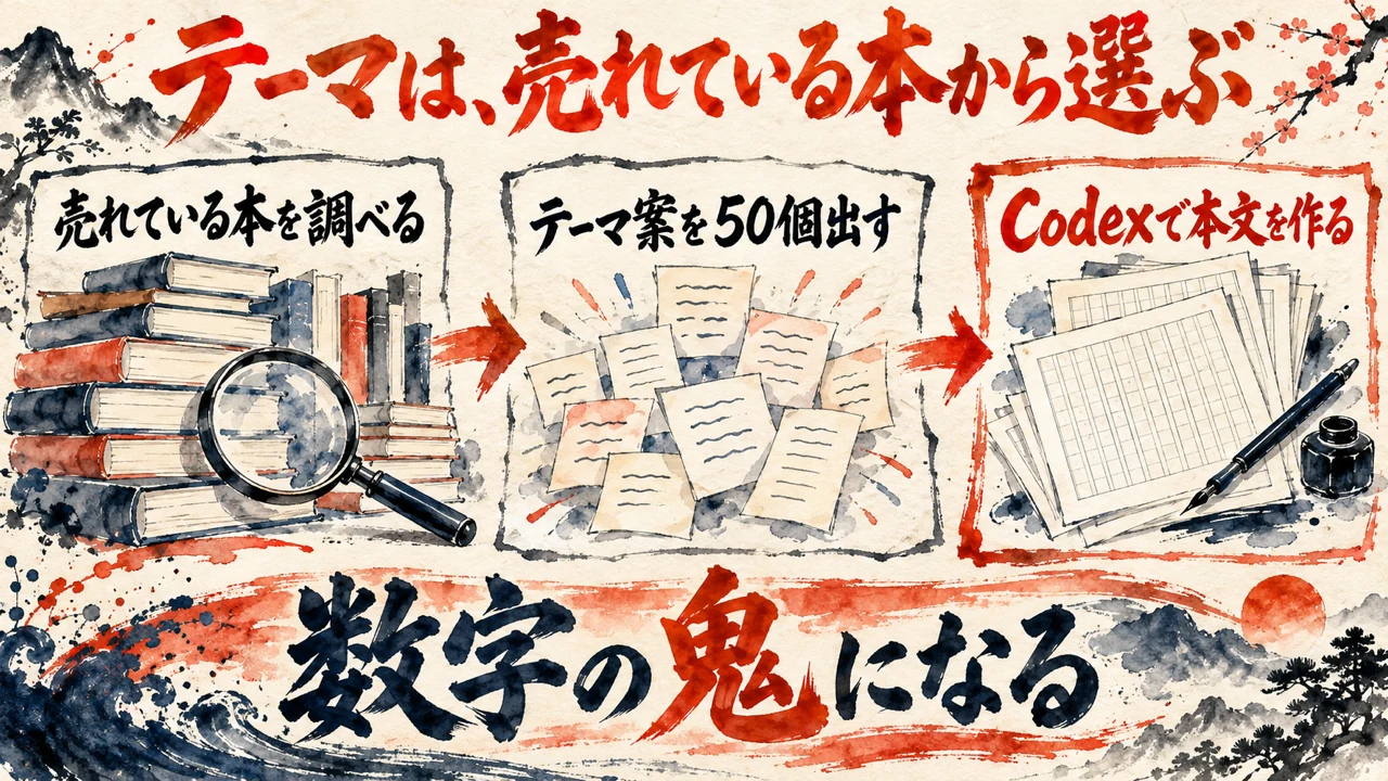 図解。売れている本を調べる、テーマ案を50個出す、Codexで本文を作る、の三つの札が矢印で並び、本の山と虫眼鏡の水彩画が添えられている。見出しはテーマは売れている本から選ぶ