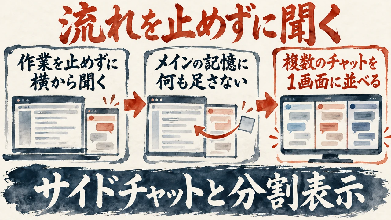 図解。作業を止めずに横から聞く、メインの記憶に何も足さない、複数のチャットを並べる、の三つの札で、サイドチャットと分割表示を示す